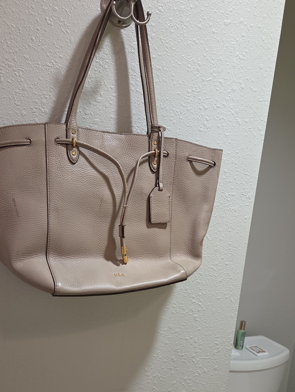 Ralph Lauren Pebble Leather Taupe Leather Tote Bag with Gold Accents